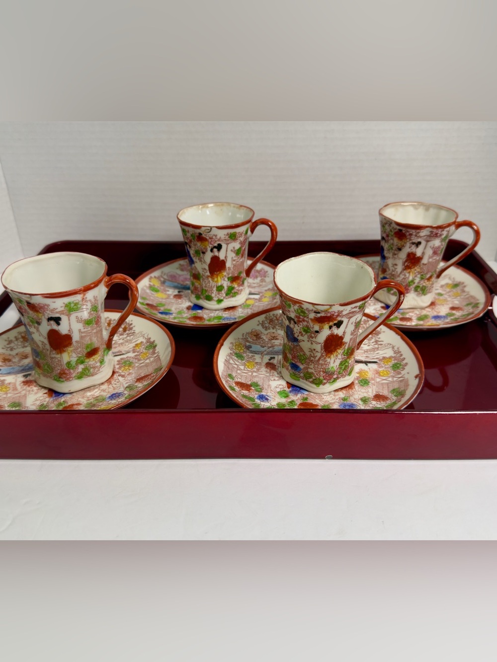 Traditional Floral Porcelain Espresso Cup and Saucer Set - Red Accent Four Sets